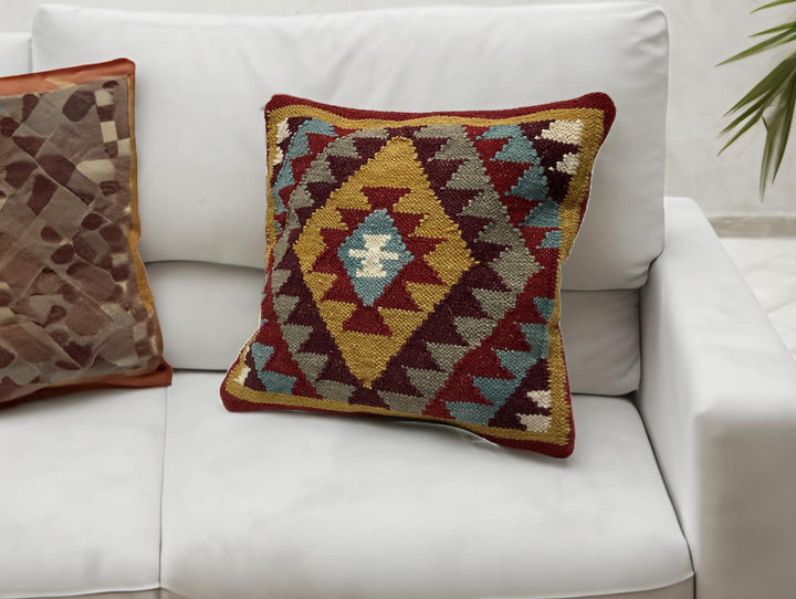 Red Multi Colour Kilim Cushion Cover Hand Loomed Geometric 45 x 45cm