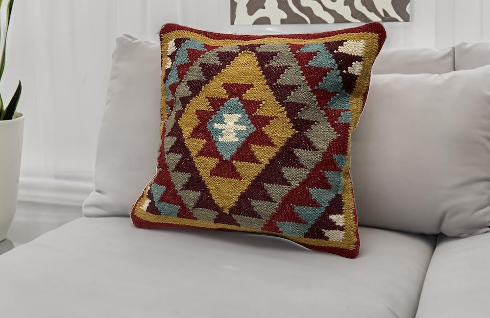 Red Multi Colour Kilim Cushion Cover Hand Loomed Geometric 45 x 45cm