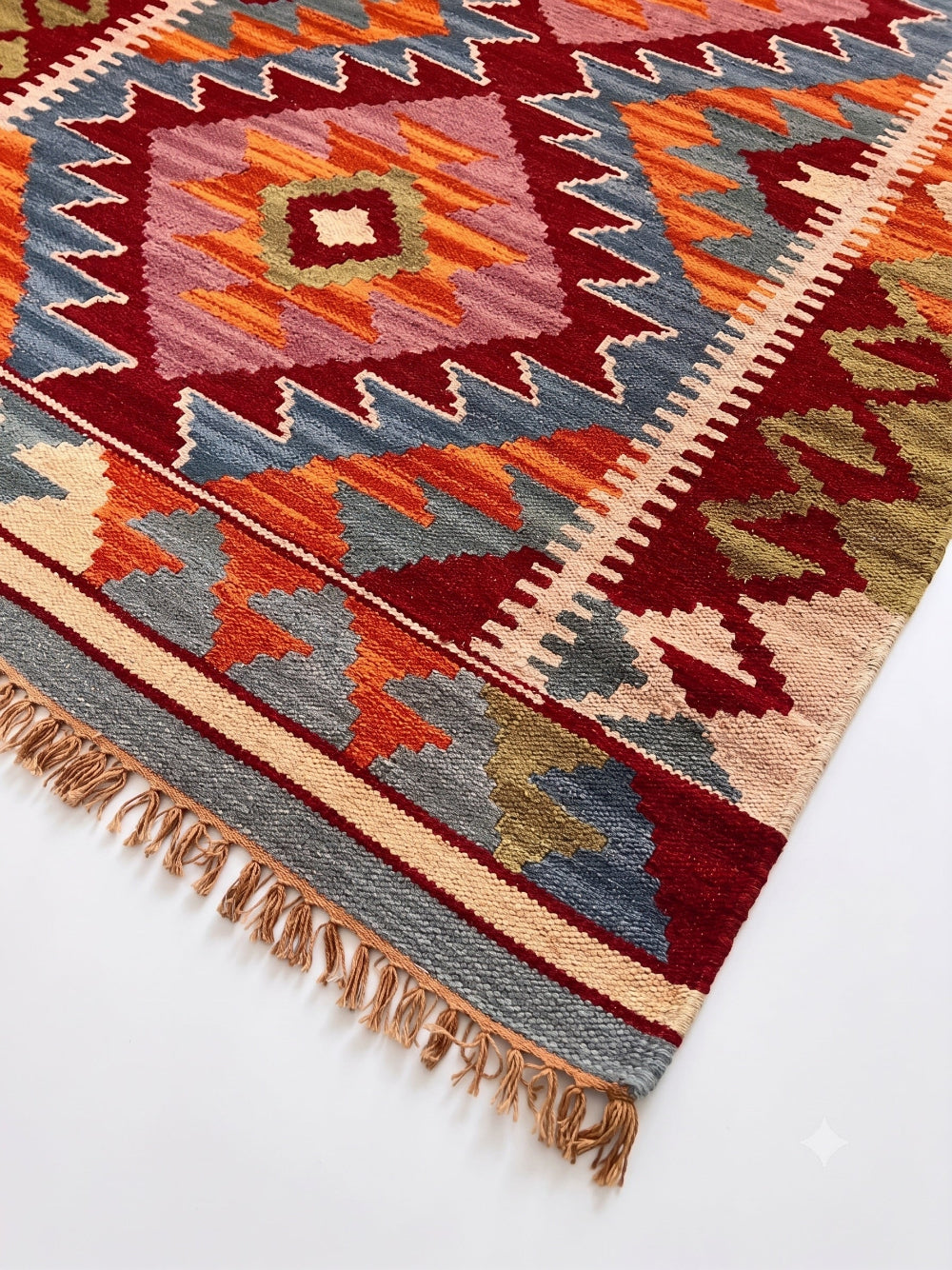 Close-up of a colorful patterned rug with geometric design on a white background