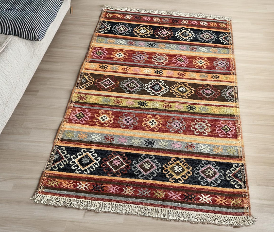 Multi Colour Kilim Rug Handwoven Wool and Cotton with Geometric Design Stitched Sides 120 cm x 180 cm