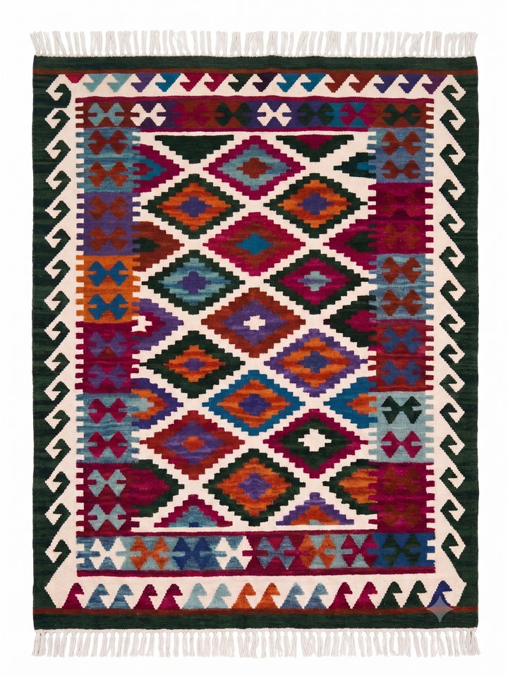 Kilim Rug Red Green Handwoven Wool and Cotton with Geometric Design