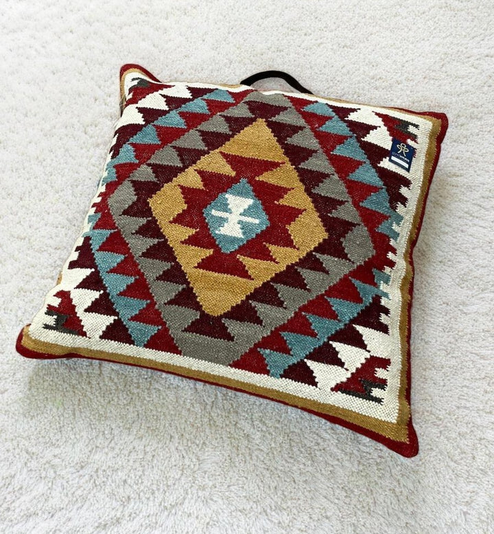 Red Multi Colour Floor Cushion Handloomed Kilim Extra Large Cushion 70x70cm