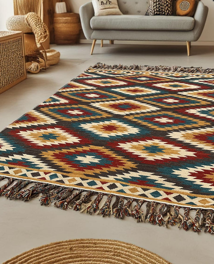 Multi Colour Kilim Rug Handwoven Wool and Cotton with Diamond Geometric Design 120 x 180 cm