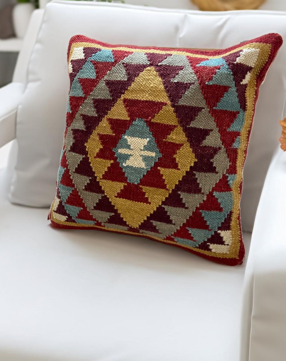 Red Multi Colour Kilim Cushion Cover Hand Loomed Geometric 45 x 45cm