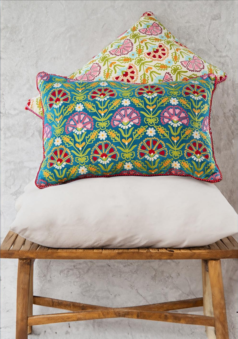 Geometric Floral Cotton Velvet Cushion Cover Available In Cream or Blue - Second Nature Online