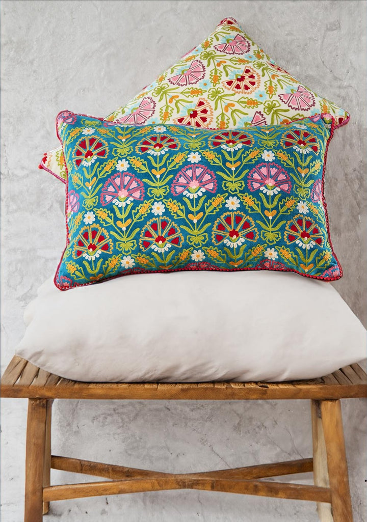 Geometric Floral Cotton Velvet Cushion Cover Available In Cream or Blue - Second Nature Online