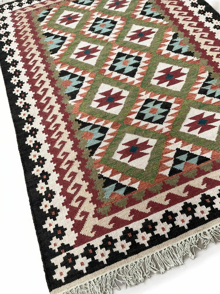 Kilim Multi Colour Rug Black Green Multi Colours Handwoven Wool and Cotton 120 cm x 180 cm