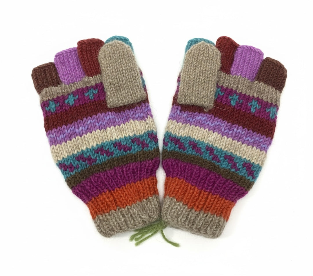 New Zealand Wool Hunter Gloves Mulberry Multi Colours Striped Pattern