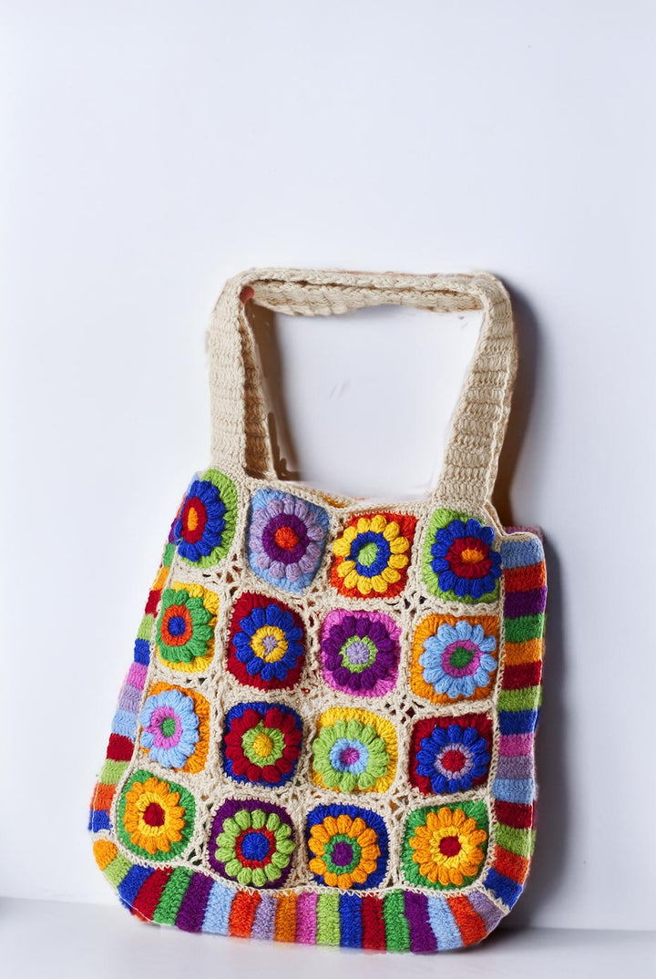 Wool Crochet Rainbow Cream Bag 46 cm x 44 cm