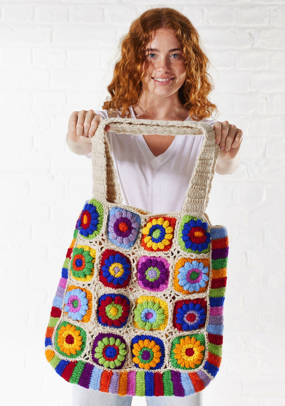 Wool Crochet Rainbow Cream Bag 46 cm x 44 cm