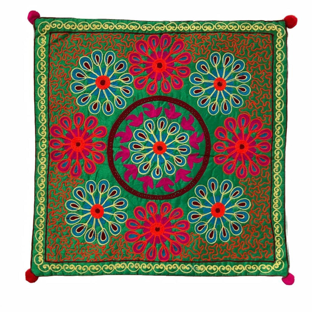 Green Boho Embroidered Cushion Cover - Second Nature Online