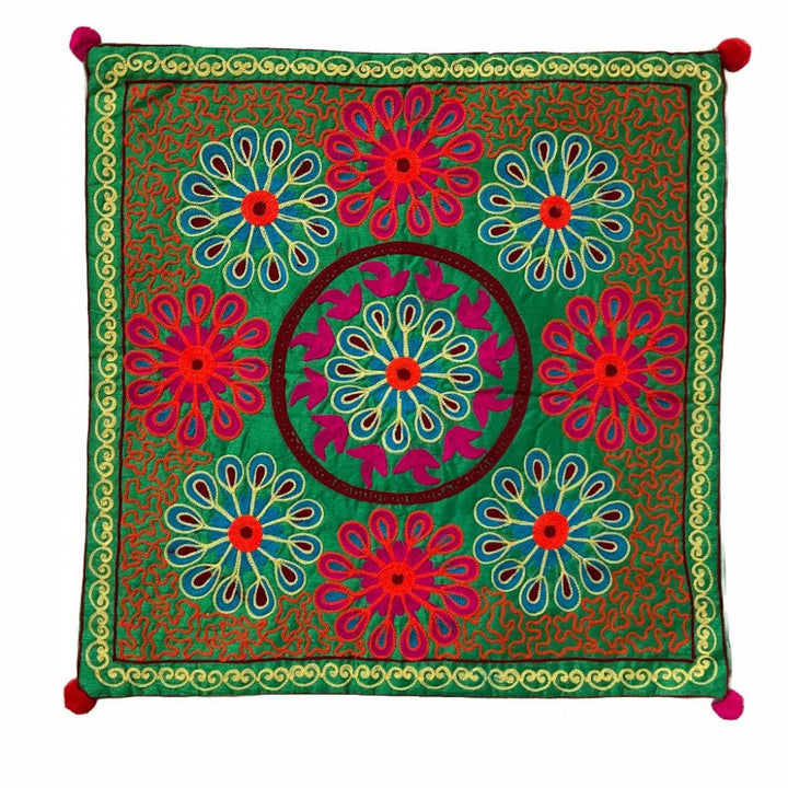 Green Boho Embroidered Cushion Cover - Second Nature Online