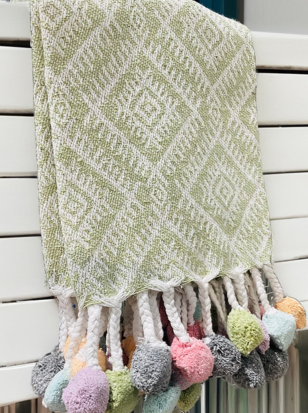 Green Pastel Recycled Cotton Throw With Multi Colour Pom Pom