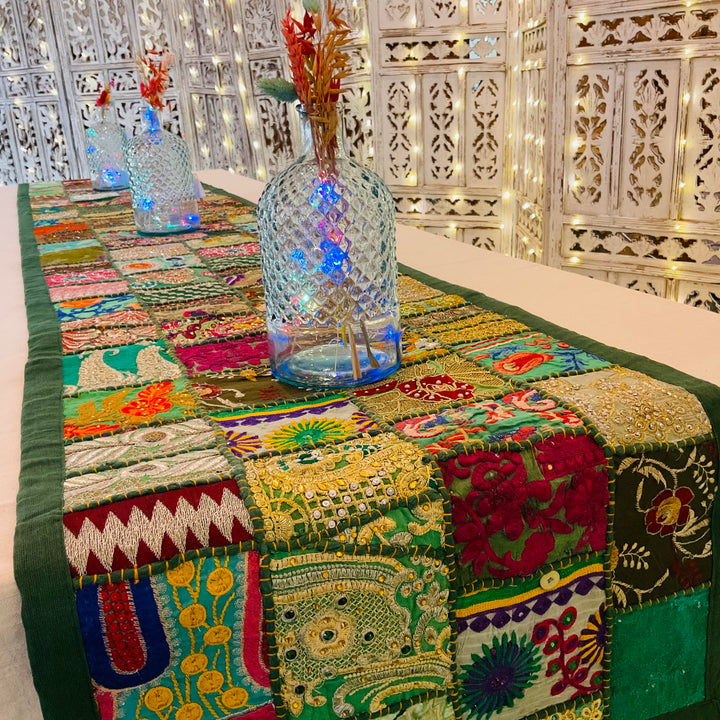Long Table Runner Indian Green Multi Colour Cotton Recycled Patchwork Embroidered Wall Hanging 50 cm x 300 cm