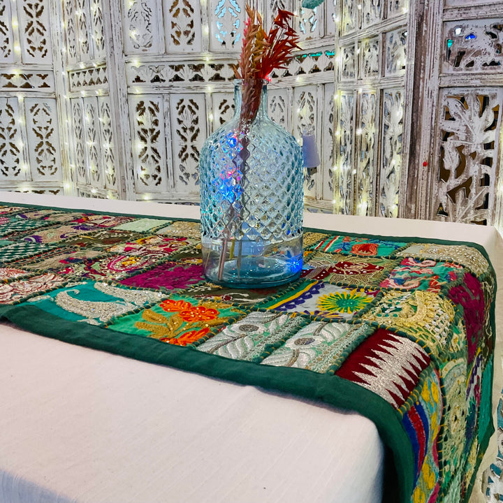 Long Table Runner Indian Green Multi Colour Cotton Recycled Patchwork Embroidered Wall Hanging 50 cm x 300 cm