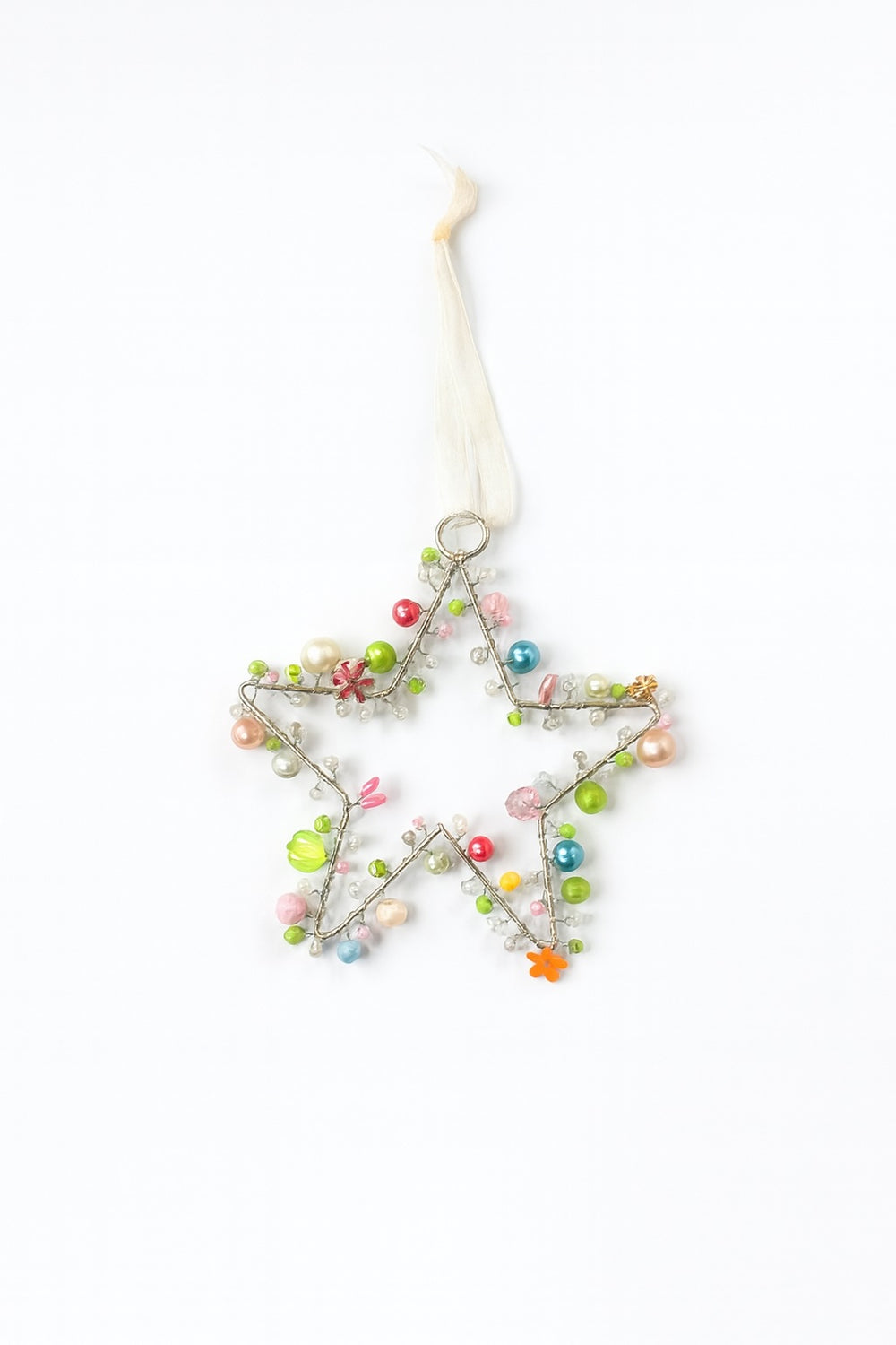 Decorative star ornament with colorful beads on a white background