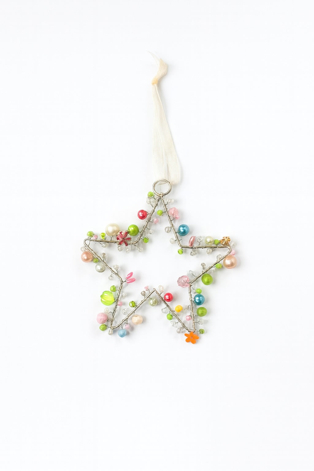 Decorative star ornament with colorful beads on a white background