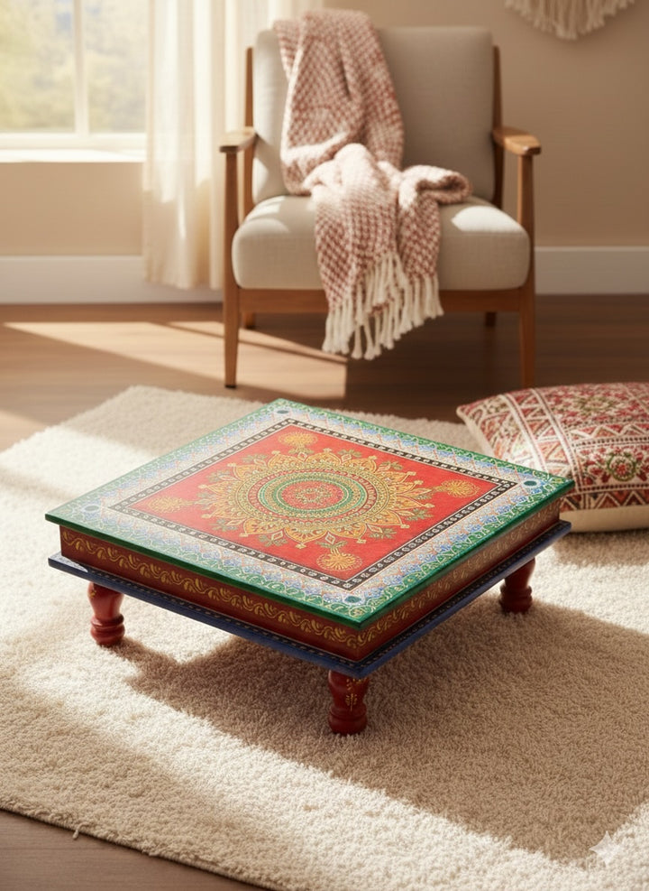 Hand-Painted Indian Bajot Table – 46cm Red & Green Mandala Pooja Chowki