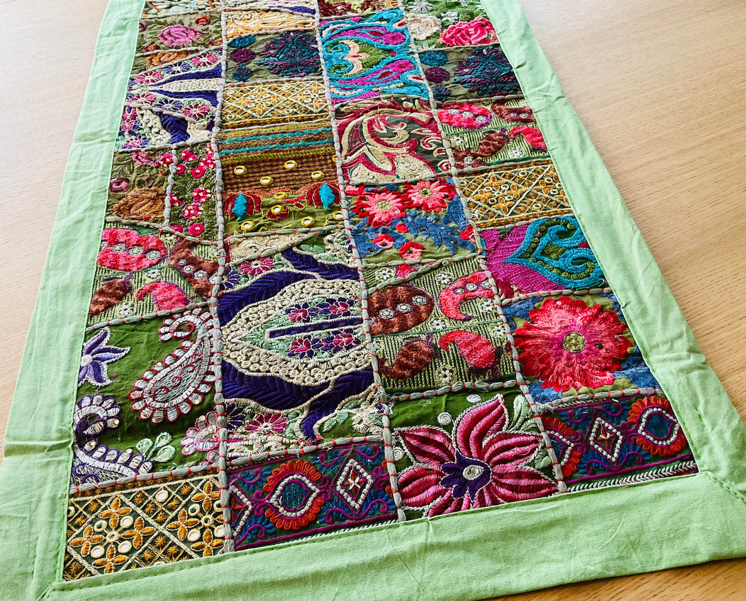 Indian Green Multi Colour Cotton Recycled Patchwork Embroidered Table Runner Wall Hanging 40 cm x 150 cm