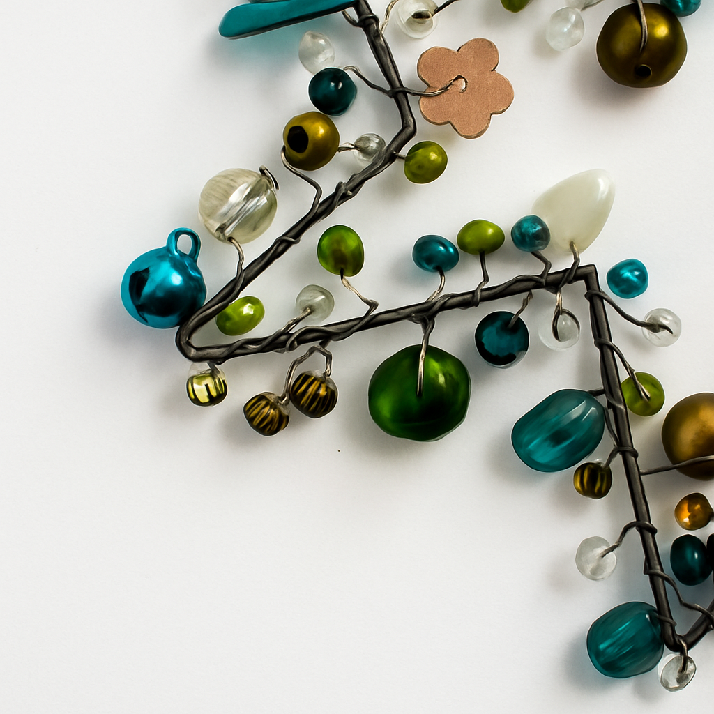 Decorative beads and sequins on a metal star in a white background