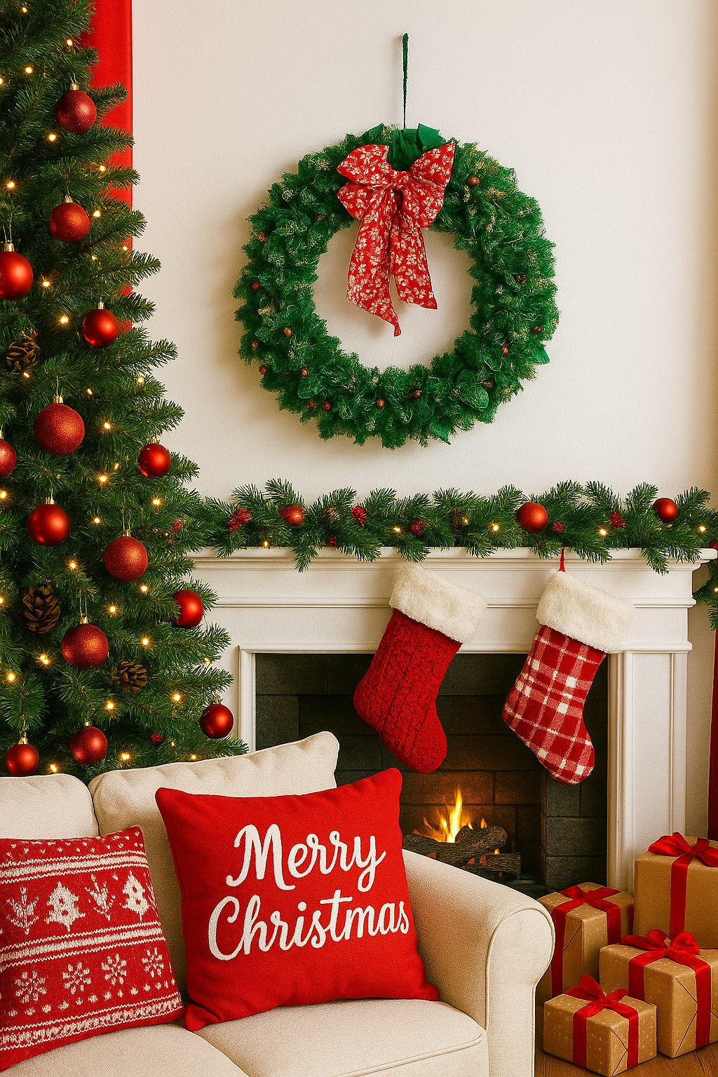 Cozy living room decorated for Christmas with a tree, wreath, stockings, and presents.