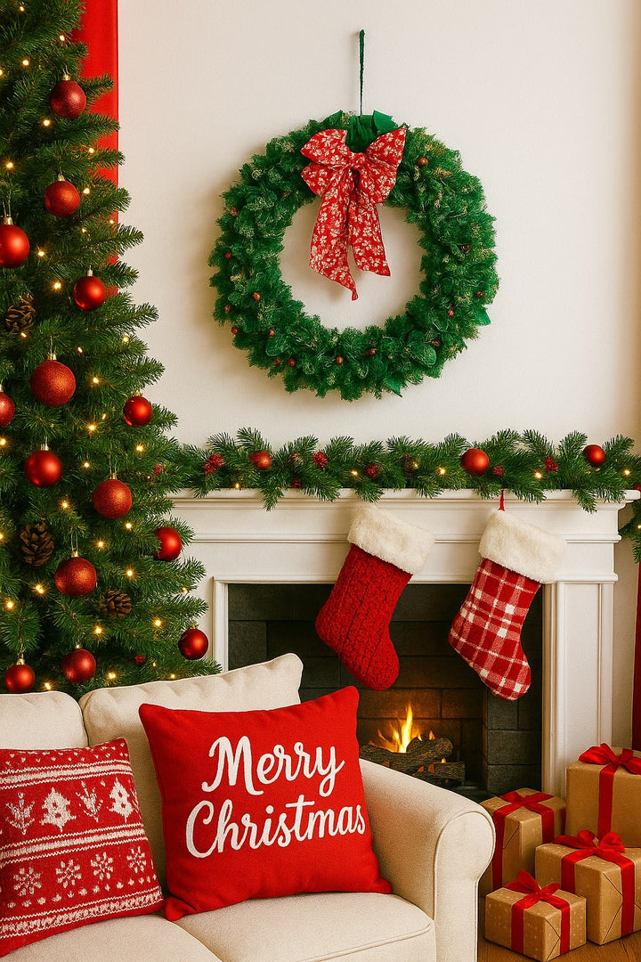 Cozy living room decorated for Christmas with a tree, wreath, stockings, and presents.
