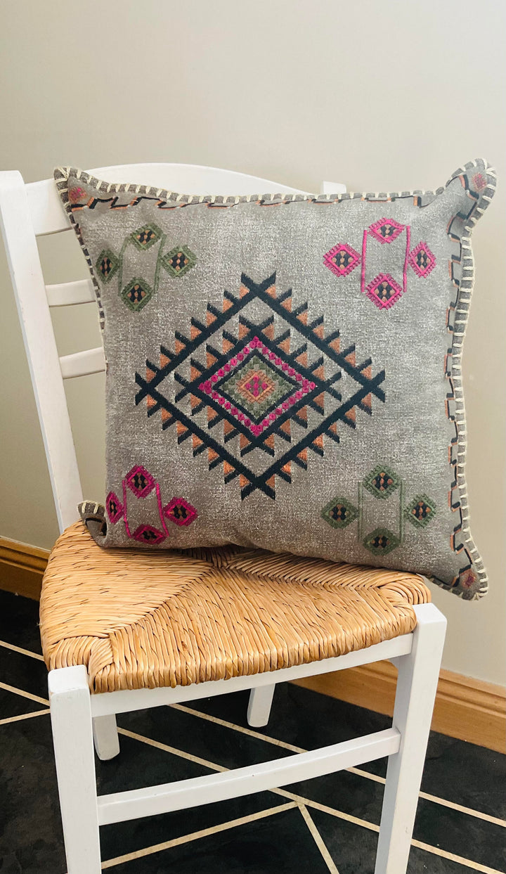 Grey Embroidered Cotton Cushion Cover