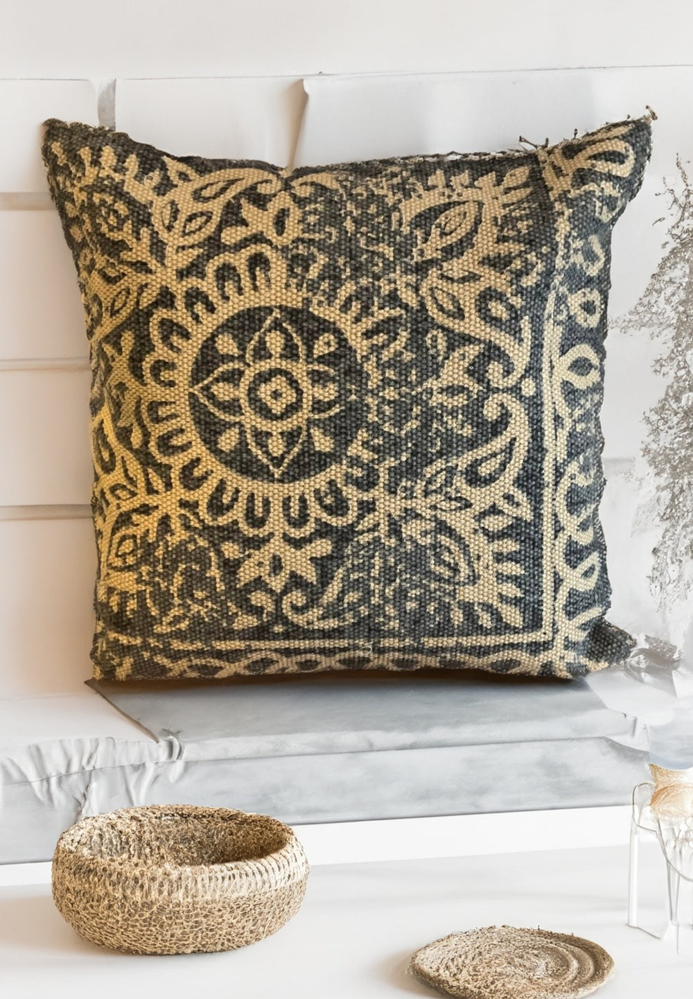 Grey Hand Printed Cotton Cushion Cover