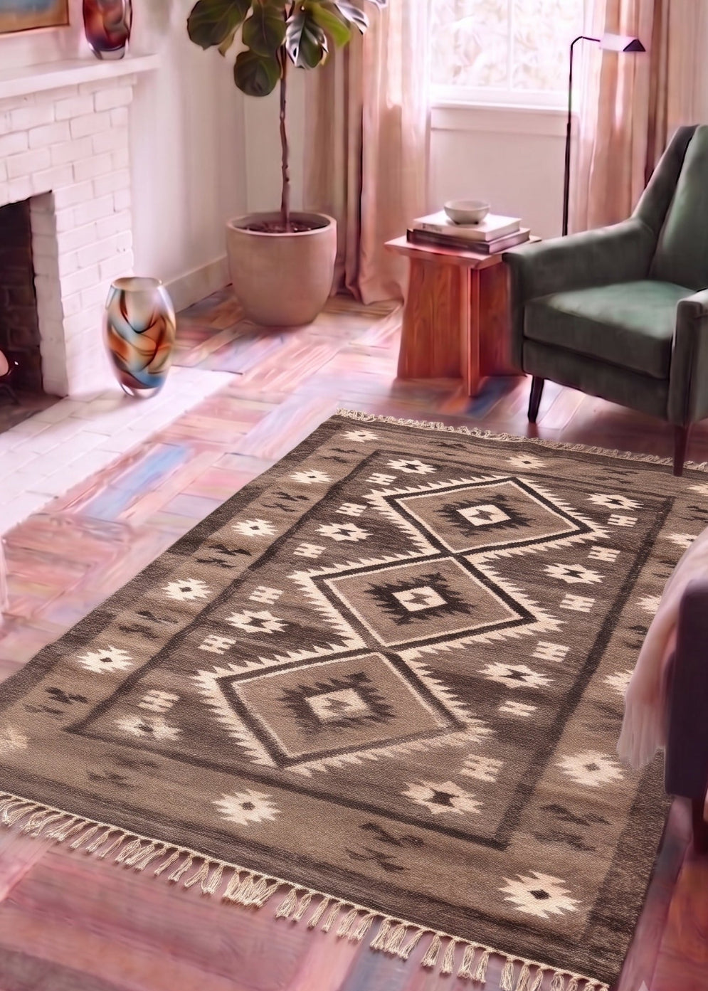 A rectangular area rug with a Southwestern geometric pattern in brown, beige, and grey, styled on a rustic wooden floor in a cosy living room setting.
