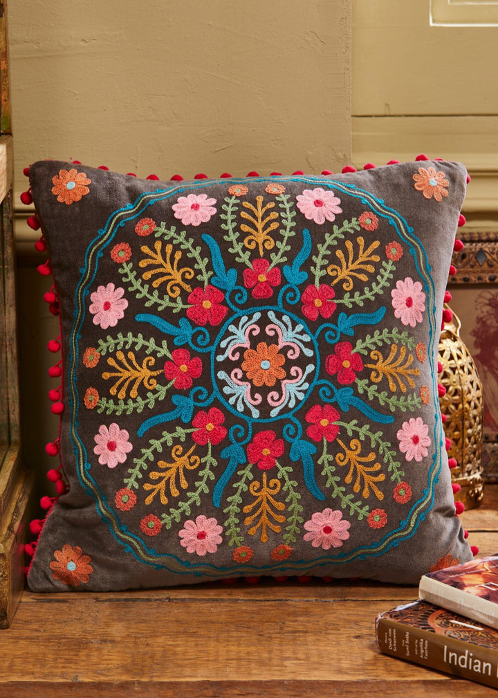 Grey Floral Velvet Cotton Embroidered Cushion Cover - Second Nature Online