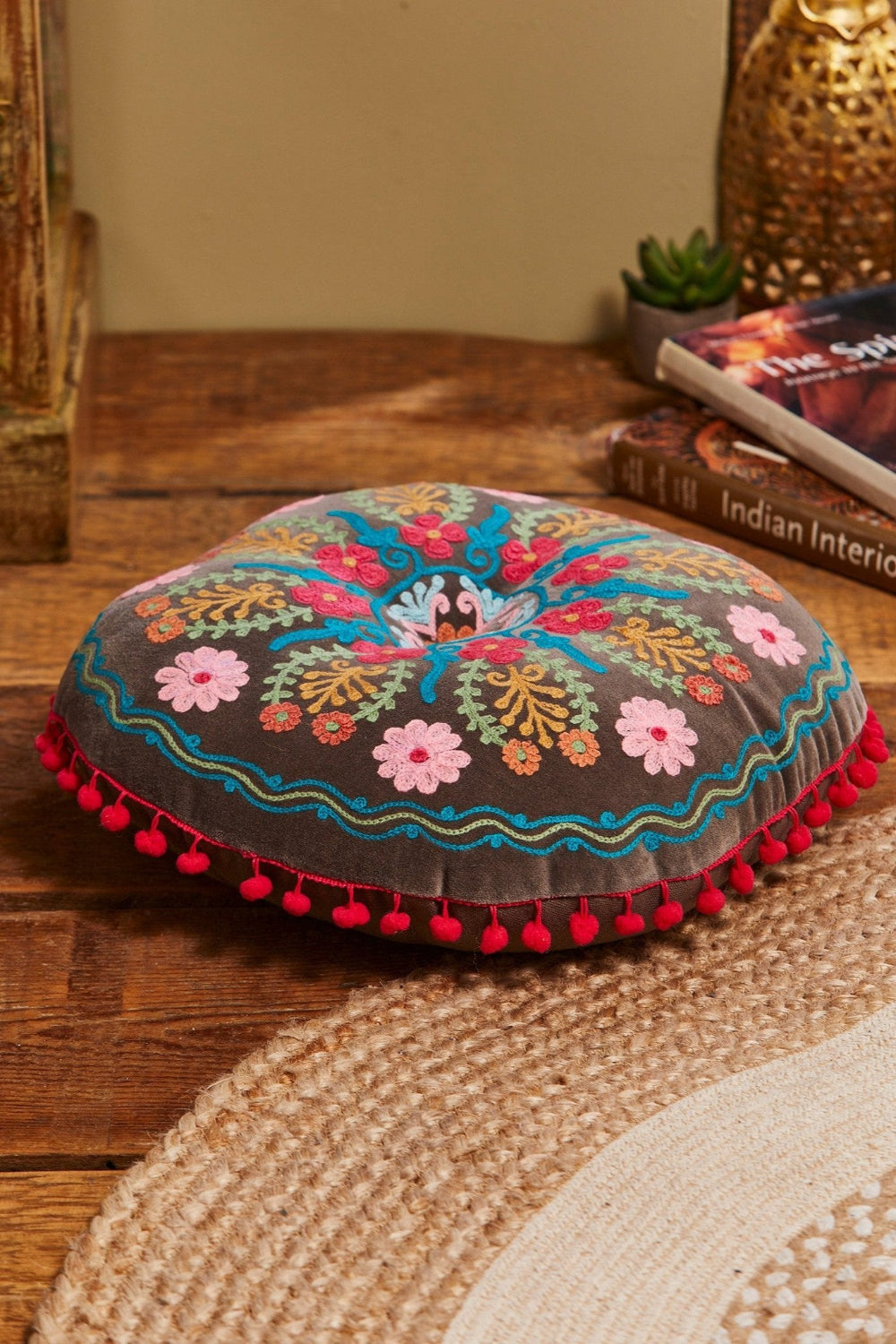 Grey Velvet Floral Round Floor Cushion With Mini Pom Pom's - Second Nature Online