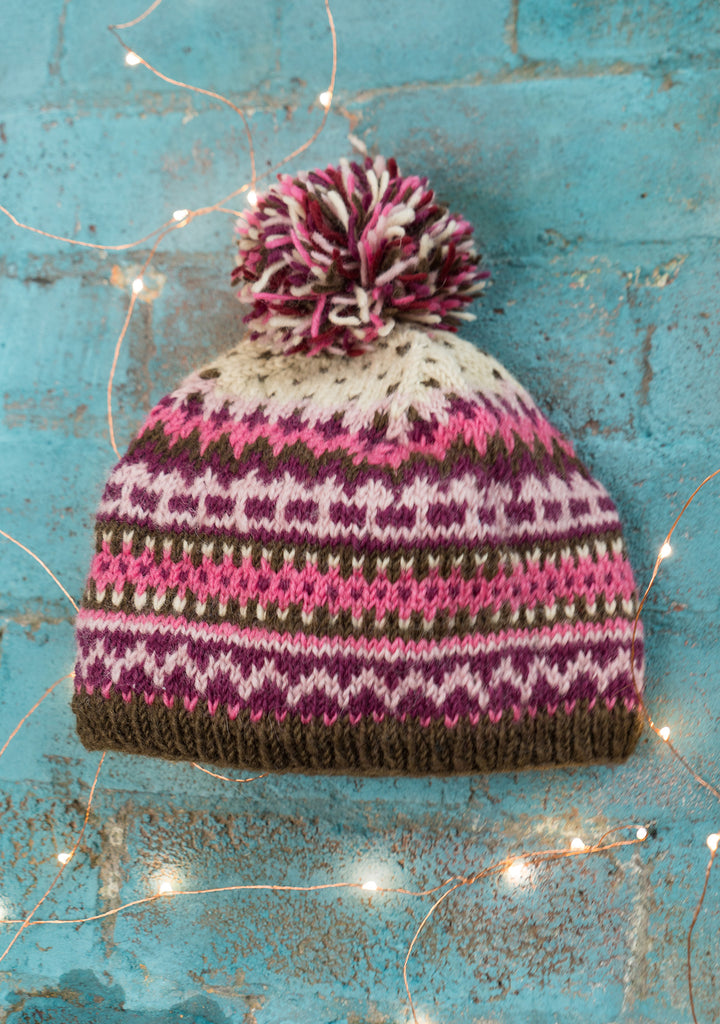 Hand Made Warm Cosy Multi Coloured Pink Purple Plum New Zealand Wool Bobble Hat with Fleece Inner Lining