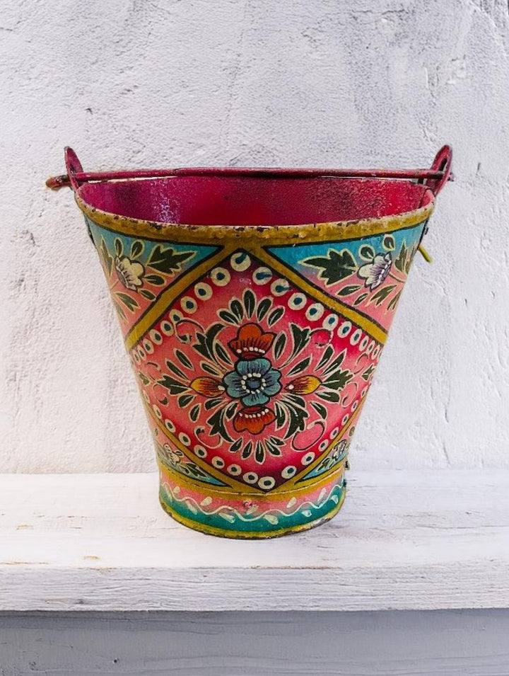 Vintage Iron Hand Painted Pink Ethical Floral Design Bucket