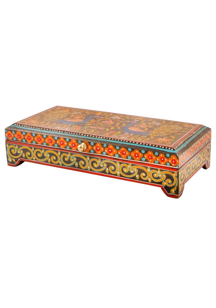 Peacock Wooden Box Indian Hand Painted Design for Jewellery or Trinkets