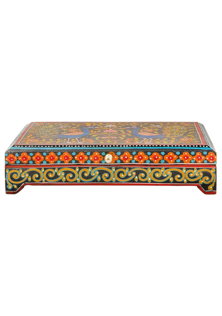 Peacock Wooden Box Indian Hand Painted Design for Jewellery or Trinkets