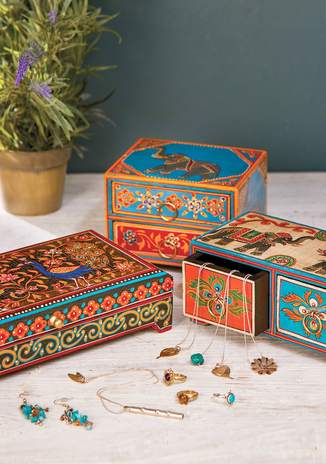 Peacock Wooden Box Indian Hand Painted Design for Jewellery or Trinkets