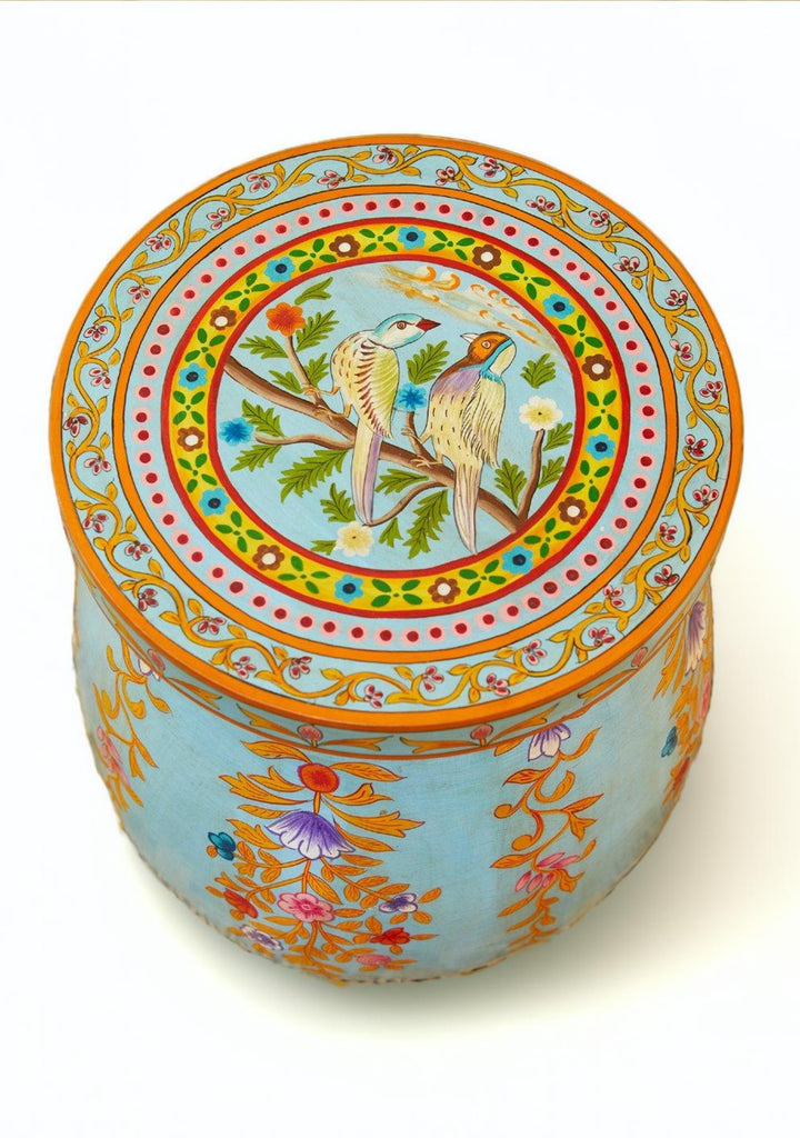 Blue Floral Indian Hand Painted Side Table Or Stool