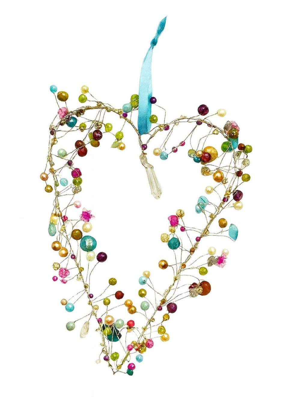 Multicolored beaded heart-shaped ornament on a white background