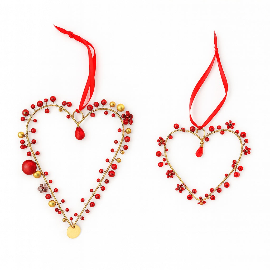 Red Gold Beaded Wire Heart Decorations with Ribbon – Festive & Valentine Décor