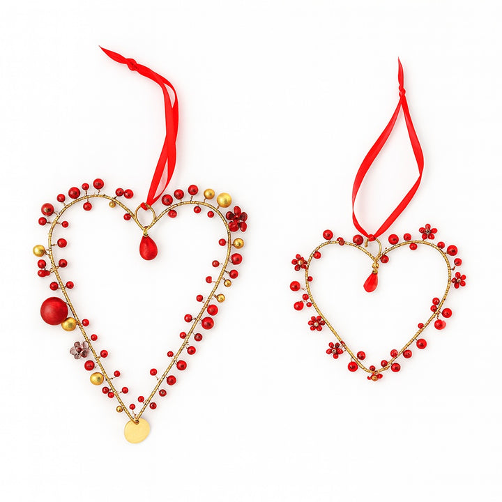 Red Gold Beaded Wire Heart Decorations with Ribbon – Festive & Valentine Décor