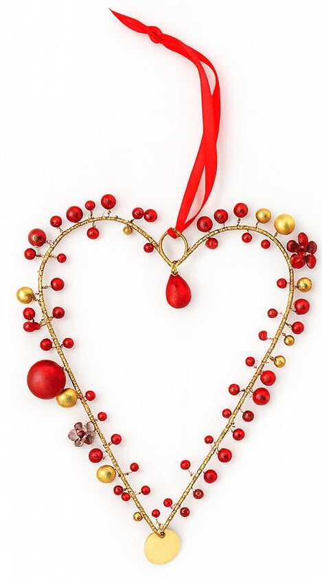 Red Gold Beaded Wire Heart Decorations with Ribbon – Festive & Valentine Décor