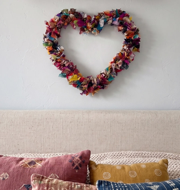Handcrafted Recycled Sari Heart Shaped Wreath 45 cm