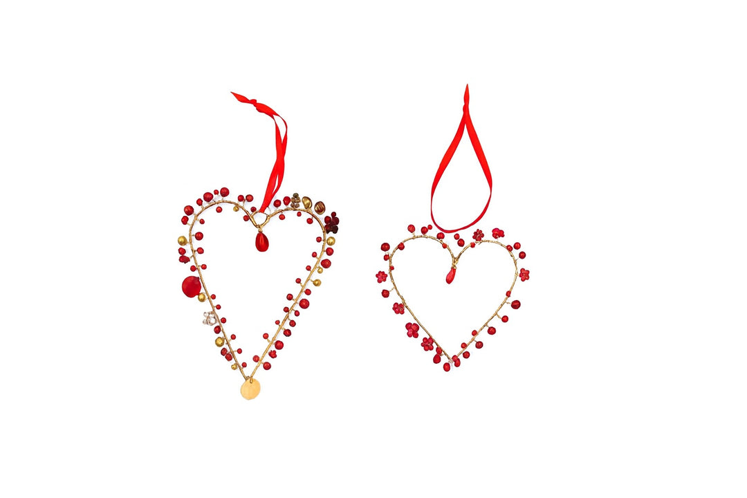 Red Gold Beaded Wire Heart Decorations with Ribbon – Festive & Valentine Décor