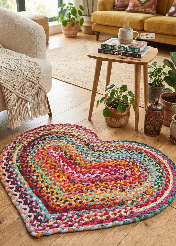 Colourful braided rug on a wooden floor with a living room setting.