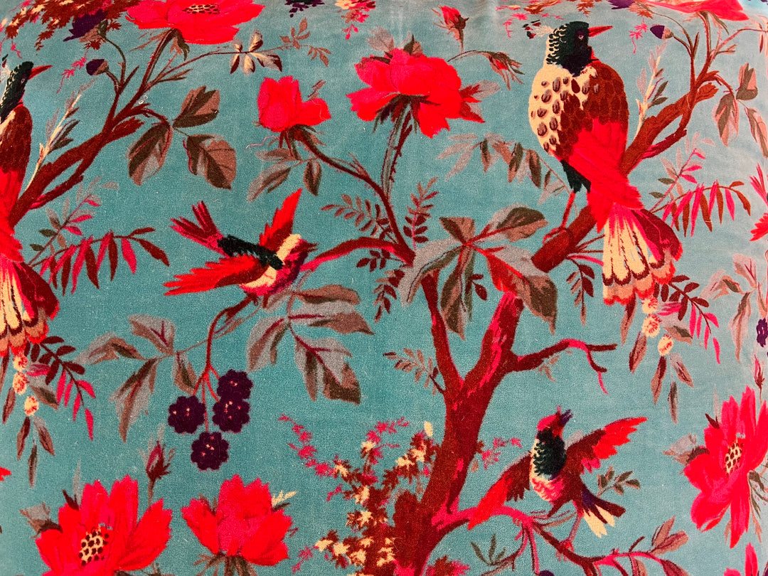 Turquoise Large Floor Cushion Cotton Velvet Bird Of Paradise Design 75 cm x 75 cm