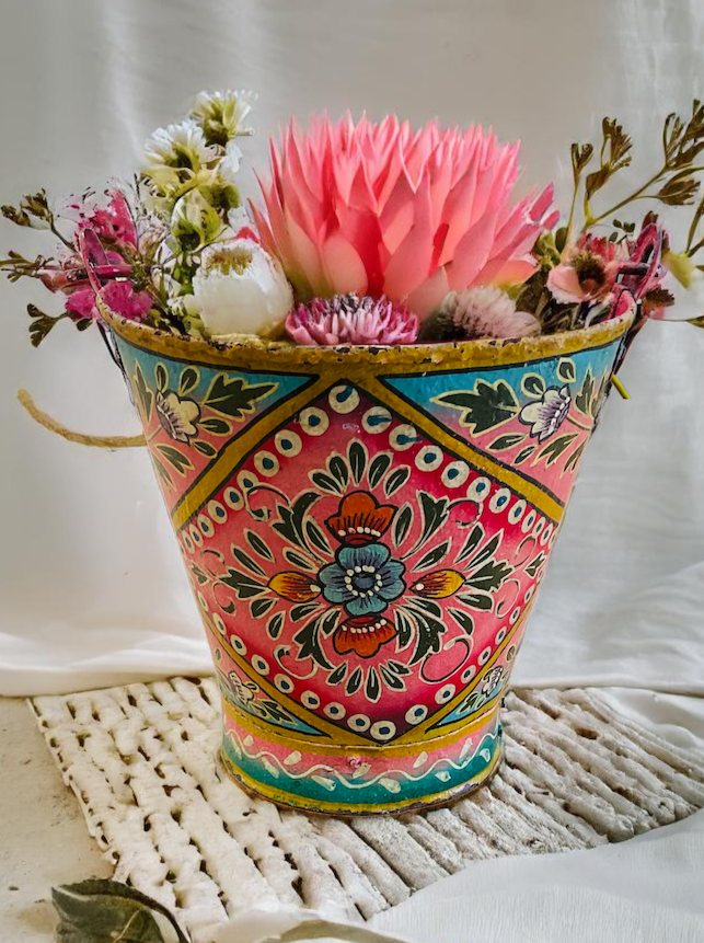 Vintage Iron Hand Painted Pink Ethical Floral Design Bucket