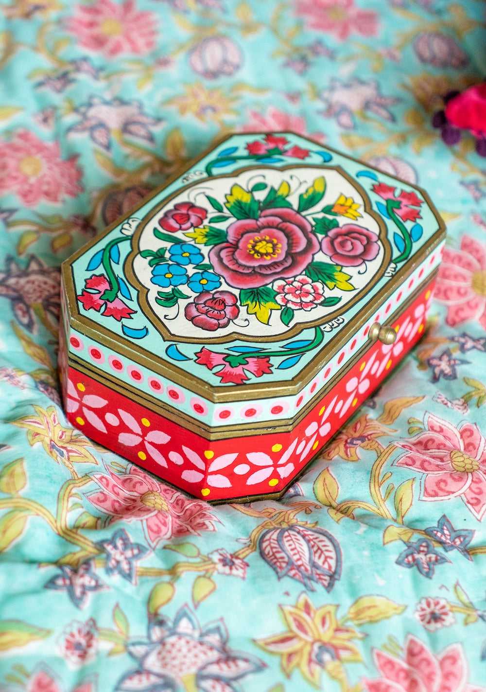 Hand Painted Wooden Trinket Box Indian Flower Design