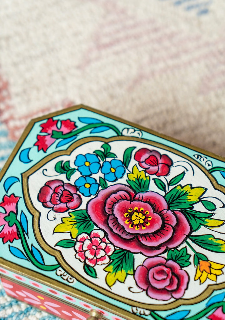 Hand Painted Wooden Trinket Box Indian Flower Design