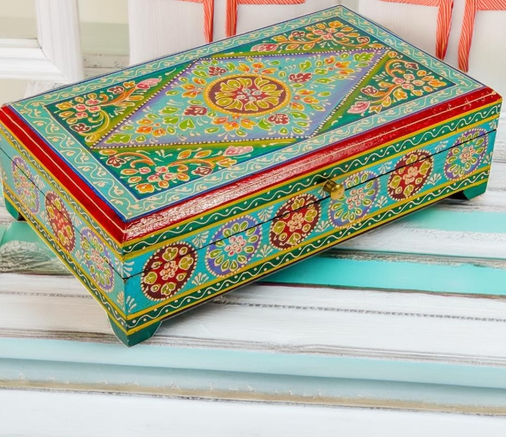 Indian Wooden Jewellery Box Hand Painted Storage Trinket Box Gift