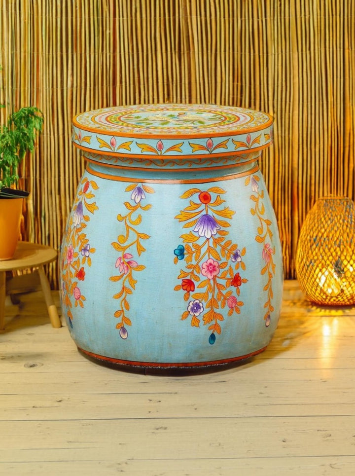 Blue Floral Indian Hand Painted Side Table Or Stool